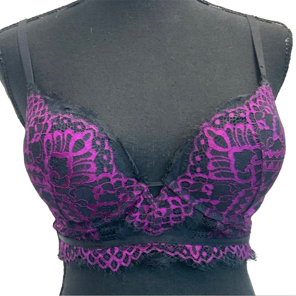 LA Senza Hello Sugar black purple lace push-up bra Sz 32C NWOT